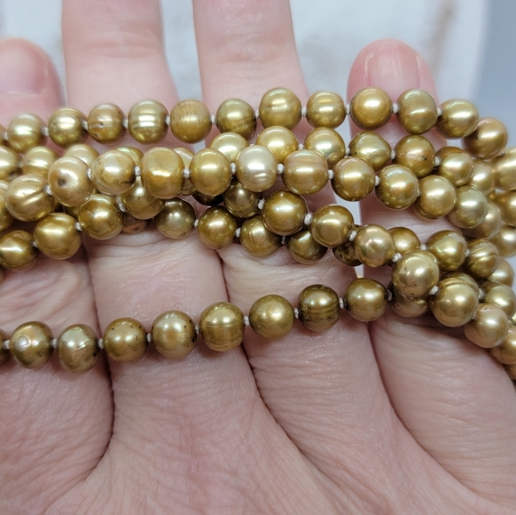 Baroque Genuine Pearl Necklace Gold Bronze  32" Drop  6mm Hand Knotted - Picture 4 of 10